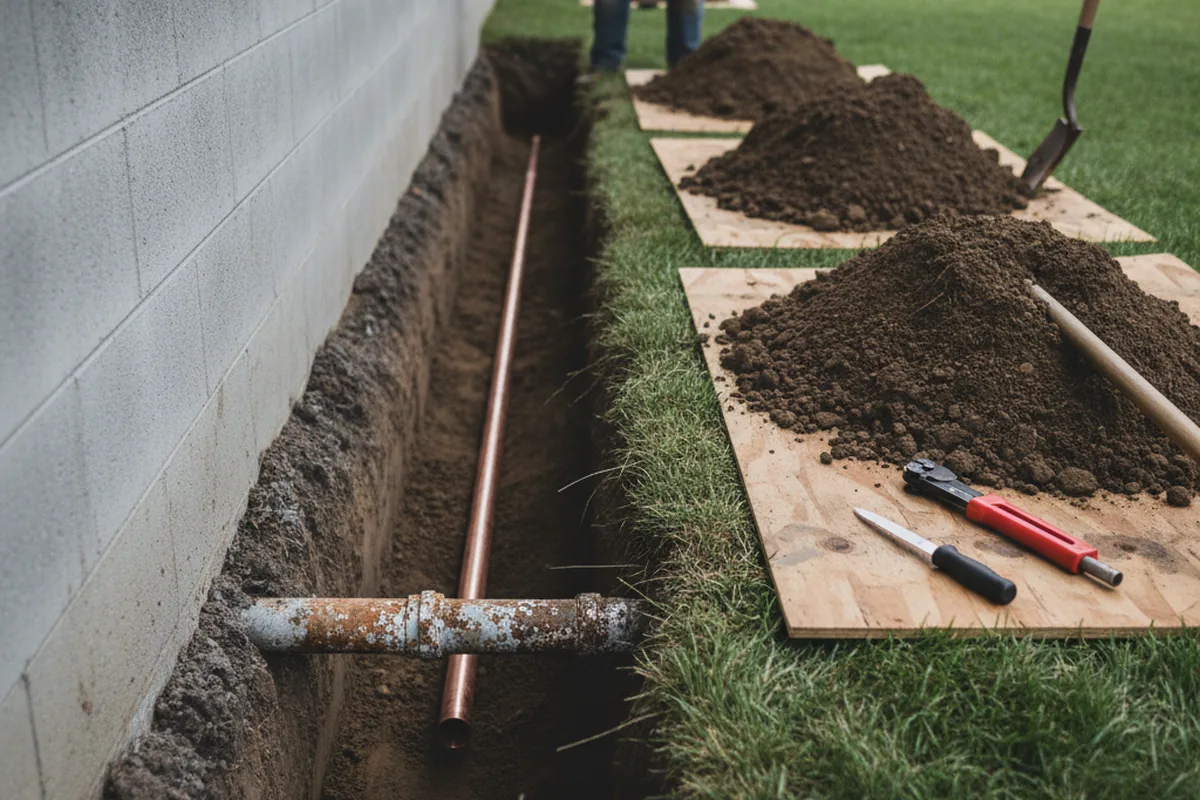 Excavated water line trench during Sewer Line Repair in Terra Ceia